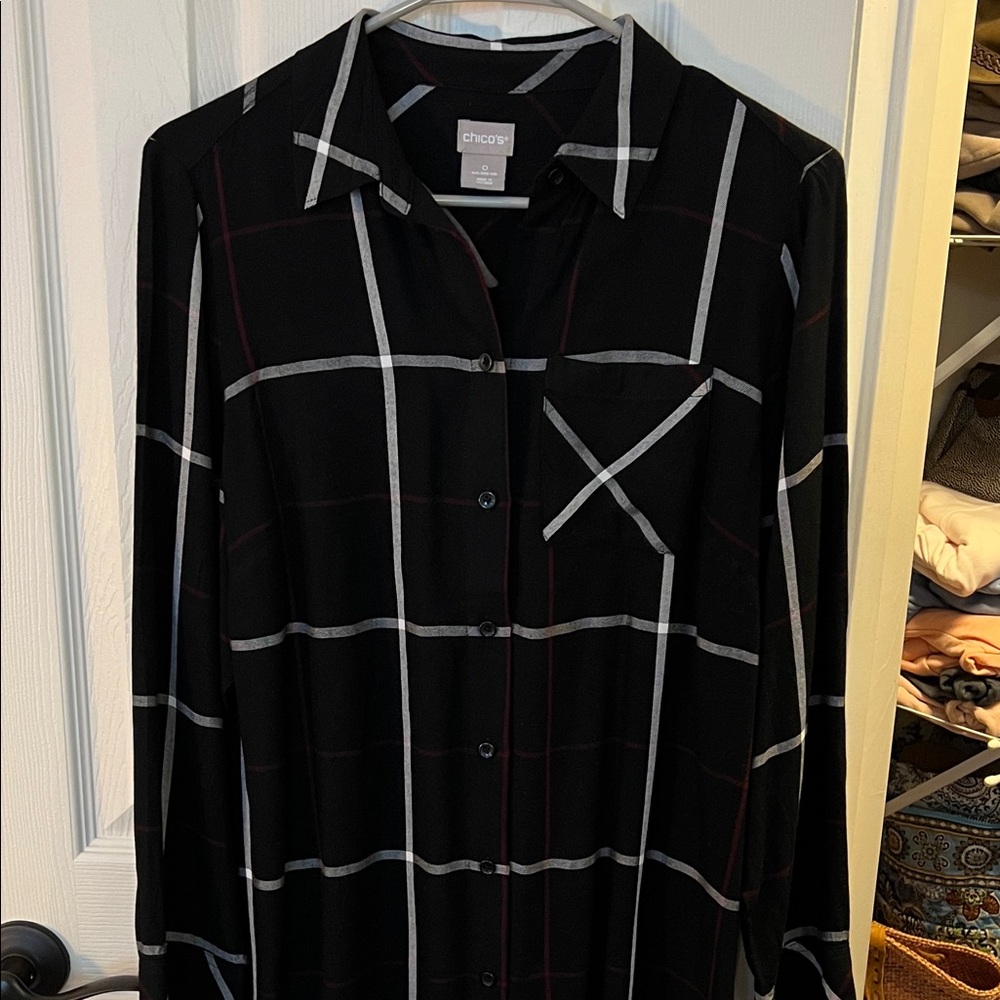 Chico's Black, Maroon and White Plaid Shirt; Size 0